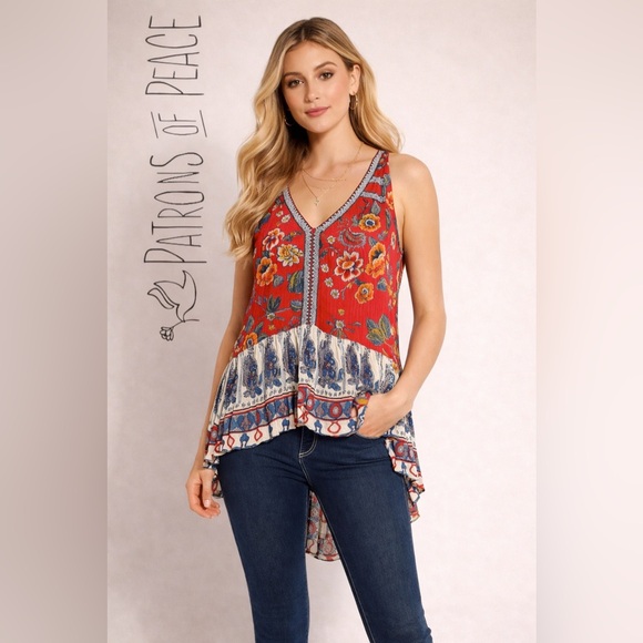 Patrons of Peace Tops - 🛍️SALE🛍️ Patrons of Peace BOHO Sleeveless Ruffle Hem Peplum Mixed Floral Top